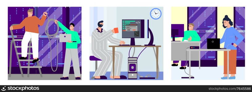 It specialist set of square compositions with flat characters of technical specialists near servers and workplaces vector illustration