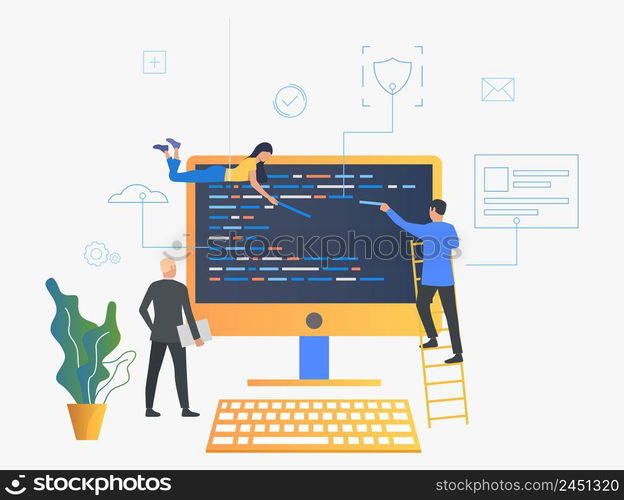 IT specialists upgrading operating system vector illustration. IT support, software, programming. Computer concept. Design for website templates, posters, banners