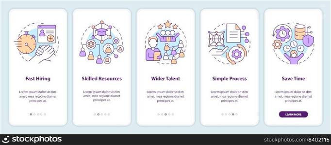 IT staffing service advantages onboarding mobile app screen. Walkthrough 5 steps editable graphic instructions with linear concepts. UI, UX, GUI template. Myriad Pro-Bold, Regular fonts used. IT staffing service advantages onboarding mobile app screen