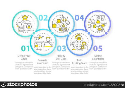 IT staffing tips blue circle infographic template. Hiring process. Data visualization with 5 steps. Editable timeline info chart. Workflow layout with line icons. Myriad Pro-Regular font used. IT staffing tips blue circle infographic template