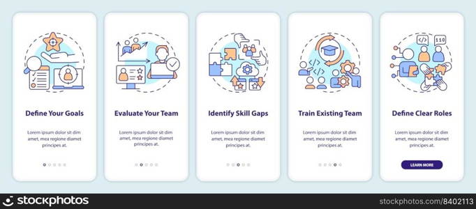 IT staffing tips onboarding mobile app screen. Hiring process walkthrough 5 steps editable graphic instructions with linear concepts. UI, UX, GUI template. Myriad Pro-Bold, Regular fonts used. IT staffing tips onboarding mobile app screen