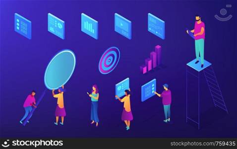 IT team SEO experts are working with Content Management System isometric set. Seo specialist serch engine keywords, Blue violet background. Vector 3d isometric illustration.. IT team SEO experts isometric set.