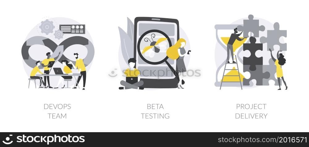 IT teamwork abstract concept vector illustration set. DevOps team, beta testing, project planning and delivery, time and budget, agile workflow, helpdesk software, task requirements abstract metaphor.. IT teamwork abstract concept vector illustrations.