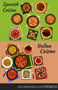 Italian and spanish cuisine pizza and paella icon with pasta, bean and sausage soups, tomato and mozarella salad, seafood noodles, beef steaks, caesar and pasta salads, potato dumplings, tuna salad. Italian and spanish cuisine fresh dinner icon