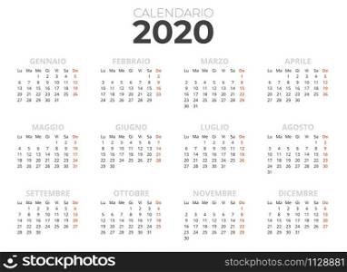 Italian calendar 2020 white. Horizontal calendar for print