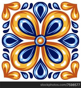 Italian ceramic tile pattern. Mediterranean porcelain pottery. Ethnic folk ornament. Mexican talavera, portuguese azulejo or spanish majolica.. Italian ceramic tile pattern. Mediterranean porcelain pottery.