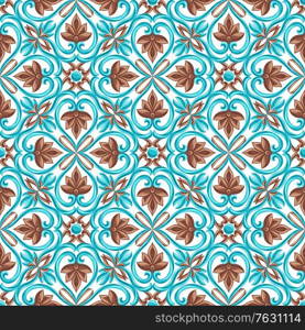 Italian ceramic tile seamless pattern. Mediterranean porcelain pottery. Ethnic folk ornament. Mexican talavera, portuguese azulejo or spanish majolica.. Italian ceramic tile seamless pattern. Mediterranean porcelain pottery.