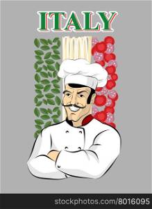 Italian chef. Chef cook and flag of Italy. Green spinach. Red tomatoes and sausage. White spaghetti pasta. Male chef with mustache. Crossed arms. Professional kitchen worker&#xA;