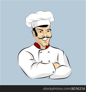 Italian chef Cook with mustache. Professional Cooking. Kitchen worker in a white dress. Character for restaurant or Cafe. Man in pot Cap crossed hands