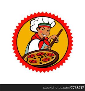 Italian chef holding a delicious pizza. Italian pizza, traditional national dish. Vector emblem.