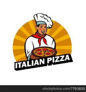 Italian chef holding a delicious pizza. Vector logo of the pizzeria.