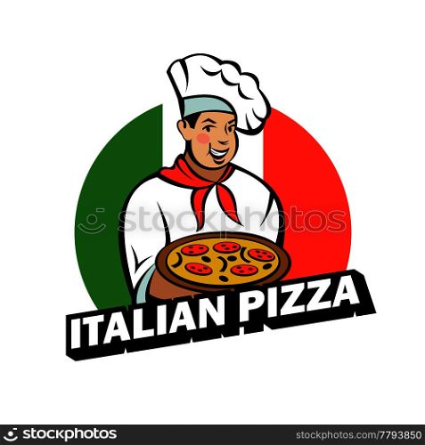 Italian chef holding a delicious pizza. Vector logo of the pizzeria.