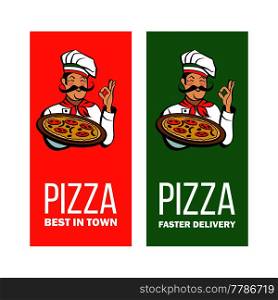 Italian chef with a mustache holding a delicious pizza. Italian pizza, traditional national dish. Vector emblem.