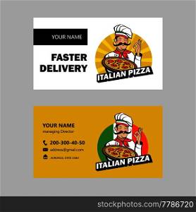 Italian chef with a mustache holding a delicious pizza. Italian pizza, traditional national dish. Vector emblem.
