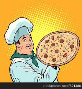 Italian chef with pizza. Pop art retro vector illustration drawing. Italian chef with pizza