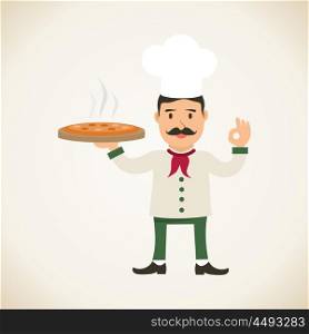 Italian chef with pizza. Vector illustration