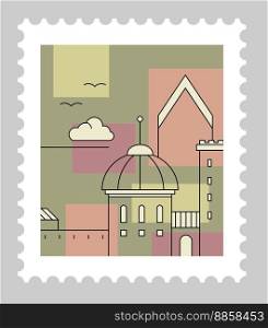 Italian cityscape on postmark or postcard. Landscape with buildings and ancient architecture, tower and dome of church. Postal mark or card mail correspondence. Vector in flat style illustration. Landscape of Italy city with architecture postmark