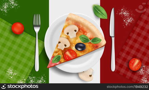 Italian cuisine banner. Pizza on plate, realistic basil tomatoes cutlery. Italy kitchen tasty food, restaurant cafe vector background. Illustration italian tomato and cheese banner. Italian cuisine banner. Pizza on plate, realistic basil tomatoes cutlery. Italy kitchen tasty food, restaurant cafe vector background