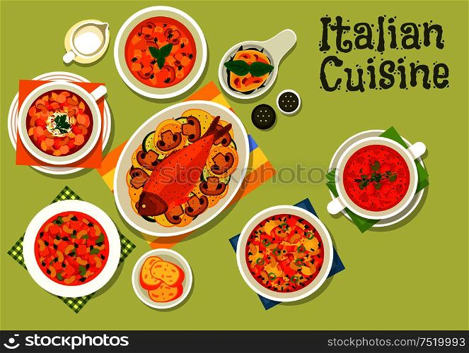 Italian cuisine icon with mushroom cream soup, tomato bean soup with sausage, florentine egg with spinach, minestrone pasta soup, baked fish, bean soup with bread and ham, tomato vermouth soup. Italian cuisine healthy dinner icon