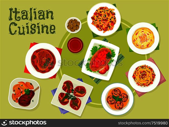 Italian cuisine meat dishes icon with pasta carbonara with ham, shrimp pasta, spaghetti bolognese, florentine steak, chicken milanese, beef shank, beef chops with mushroom and ham wrap. Italian cuisine traditional meat dishes icon