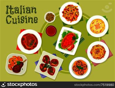 Italian cuisine meat dishes icon with pasta carbonara with ham, shrimp pasta, spaghetti bolognese, florentine steak, chicken milanese, beef shank, beef chops with mushroom and ham wrap. Italian cuisine traditional meat dishes icon