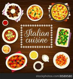 Italian cuisine menu cover template. Broccoli with garlic oil, soup Acquacotta and leftover lasagna, meat with wine sauce and Soffritto stew, Italian coffee, Mont Blanc dessert and omelette Frittata. Italian cuisine restaurant menu cover template