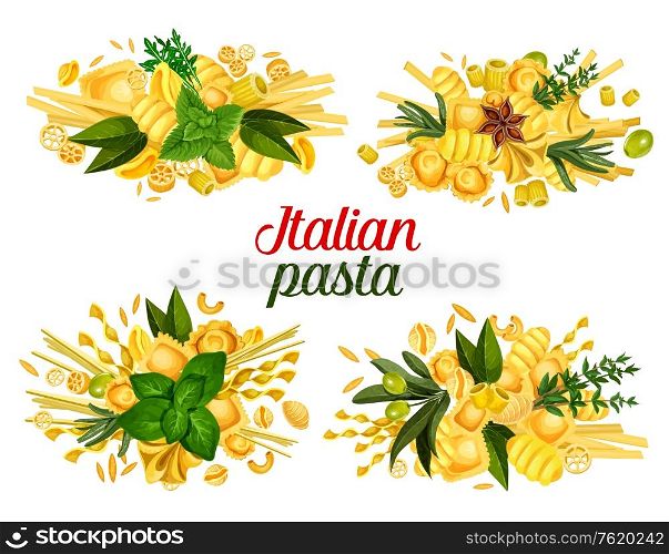 Italian cuisine pasta and cooking spice ingredients. Vector traditional Italian homemade pasta fusilli, fettuccine or linguine, conchiglie or gnocchi with penne, basil and olives or rosemary and sage. Italian pasta restaurant cooking spices