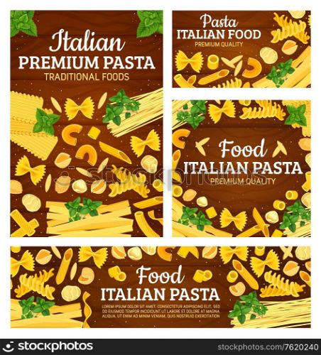 Italian cuisine pasta dishes menu cover. Vector traditional Italian homemade pasta recipe of fusilli, fettuccine or linguine, conchiglie or gnocchi and penne with cooking spices and herbs ingredients. Italian pasta dish cooking spices and ingredients