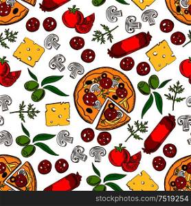 Italian cuisine pizza and topping ingredients seamless pattern with pizza, tomato vegetable, cheese, mushroom, green olive fruit, sausage and fresh dill. Pizzeria and cafe menu design. Italian pizza with ingredients seamless pattern