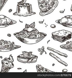 Italian cuisine sketch pattern background. Vector seamless design of traditional Italy food dishes of pasta spaghetti, pizza or lasagna with bruschetta, olive salad, risotto rice and gelato dessert. Italian cuisine vector sketch seamless pattern
