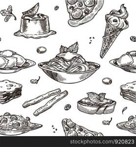 Italian cuisine sketch pattern background. Vector seamless design of traditional Italy food dishes of pasta spaghetti, pizza or lasagna with bruschetta, olive salad, risotto rice and gelato dessert. Italian cuisine sketch pattern background. Vector seamless design of traditional Italy food dishes