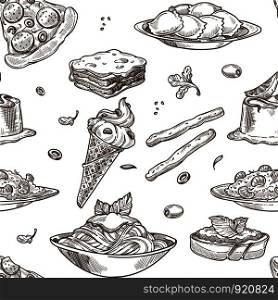 Italian cuisine sketch pattern background. Vector seamless design of traditional Italy food dishes of pasta spaghetti, pizza or lasagna with bruschetta, olive salad, risotto rice and gelato dessert. Italian cuisine sketch pattern background. Vector seamless design of traditional Italy food dishes