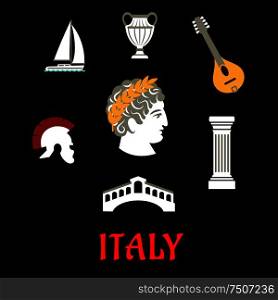 Italian culture and travel flat icons with Caesar in wreath, roman helmet, venice bridge, ancient vase, mandolin, doric column and sailboat. Italian culture and travel icons