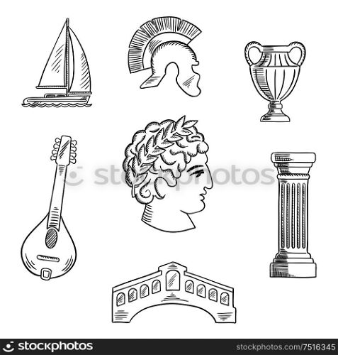 Italian culture, history and travel sketched icons with Caesar in wreath, roman helmet and venice bridge, ancient vase and mandolin, doric column and sailboat. Sketch style. Italian culture, history and travel icons