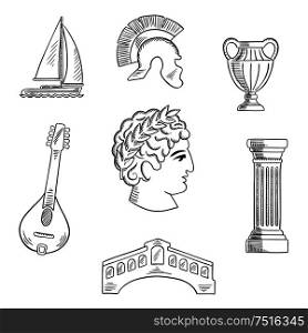 Italian culture, history and travel sketched icons with Caesar in wreath, roman helmet and venice bridge, ancient vase and mandolin, doric column and sailboat. Sketch style. Italian culture, history and travel icons