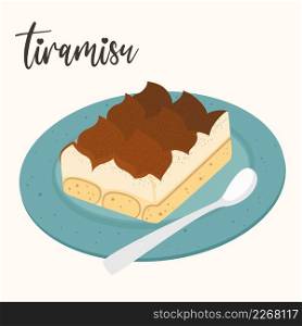 Italian dessert tiramisu on a plate isolated vector illustration. Chocolate layered cake. Traditional pastry, sweet treat of coffee. Italian dessert tiramisu on a plate isolated vector illustration