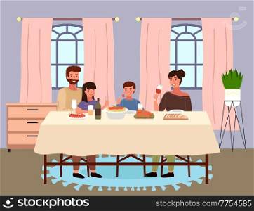Italian family at home in dining room. Dining table with pasta and snack. Arrangement of furniture. People eating italian food in apartment. Parents drink wine. Children with forks in their hands. People are eating italian food in their apartment. Family is having dinner together at home