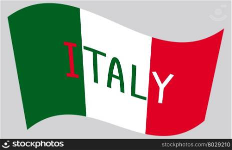 Italian flag waving with word Italy on gray background. Italian flag waving with word Italy