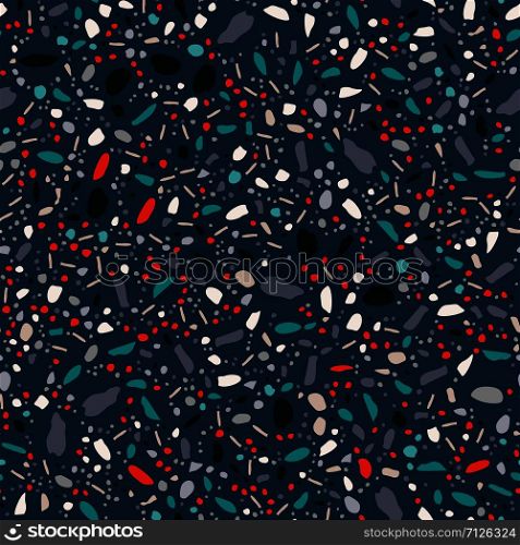 Italian flooring terrazzo seamless pattern. Chaotic mosaic stone pieces endless texture. Textile, tile design, fabric print, wrapping paper, wallpaper, flooring. Vector illustration.. Italian flooring terrazzo seamless pattern.