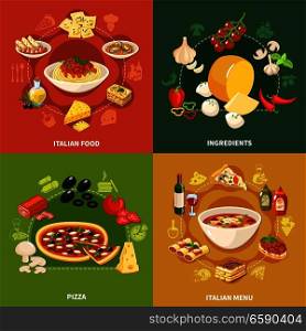 Italian food 2x2 design concept set of square icons for restaurant or cafe menu flat vector illustration . Italian Food 2x2 Design Concept