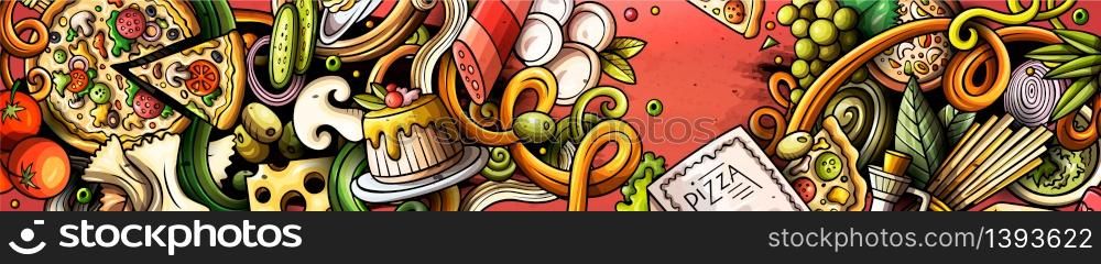 Italian food hand drawn doodle banner. Cartoon detailed flyer. Italy cuisine identity with objects and symbols. Color vector design elements background. Italian food hand drawn doodle banner. Cartoon detailed flyer.