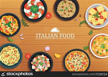 Italian food on a wooden table background. Vector illustration top view.