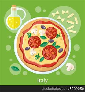 Italian food. Pizza with its ingredients. Concept in flat design. Pizza with its ingredients