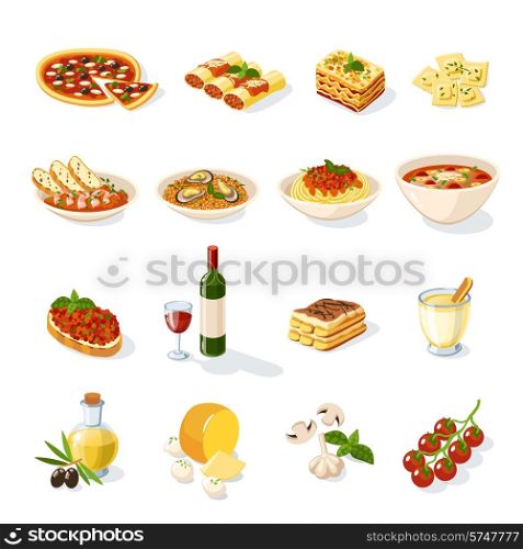 Italian food set with pizza pasta cheese tomato isolated vector illustration