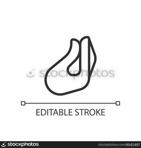 Italian hand gesture pixel perfect linear icon. Fingers bunch. Non verbal expression. Thin line illustration. Contour symbol. Vector outline drawing. Editable stroke. Arial font used. Italian hand gesture pixel perfect linear icon
