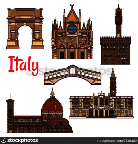 Italian historical travel sights icon with linear Florence Cathedral, Church of Santa Maria Maggiore, Siena Cathedral, Rialto Bridge, ancient Arch of Titus and Palazzo Vecchio. Symbolic travel landmarks of Italy thin line icon