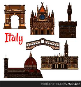 Italian historical travel sights icon with linear Florence Cathedral, Church of Santa Maria Maggiore, Siena Cathedral, Rialto Bridge, ancient Arch of Titus and Palazzo Vecchio. Symbolic travel landmarks of Italy thin line icon