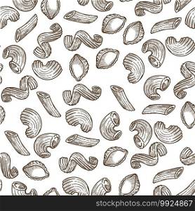 Italian macaroni, pasta fusilli rigatti and conchiglie, seamless pattern of organic ingredients. Culinary products, menu for restaurants and diners. Monochrome sketch outline, vector in flat style. Fusilli rigatti and conchiglie Italian pasta seamless pattern