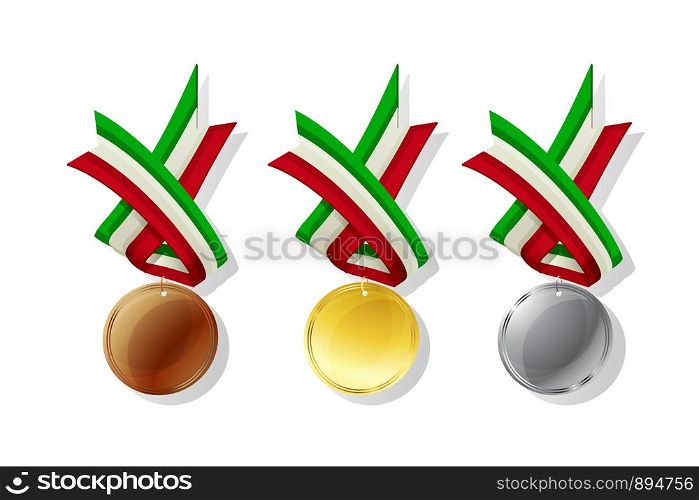 Italian medals in gold, silver and bronze with national flag. Isolated vector objects over white background
