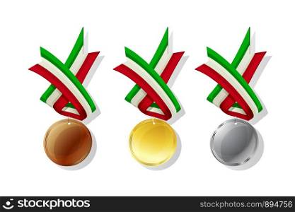 Italian medals in gold, silver and bronze with national flag. Isolated vector objects over white background